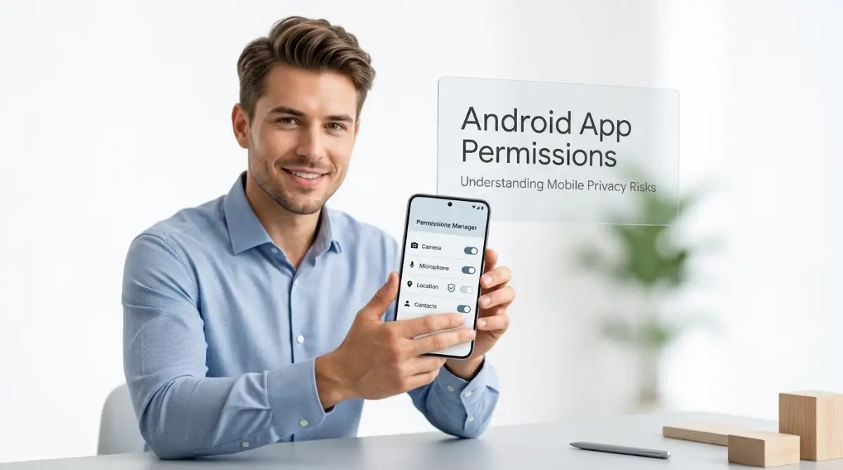 A young male model holding a smartphone displaying an app permissions menu highlighting hidden security risks of new Android apps.