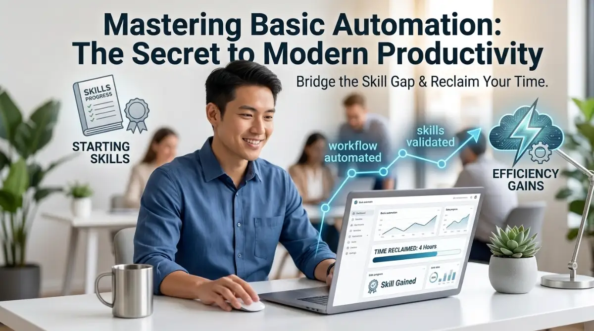 A young professional using modern office automation tools to bridge the skills gap and improve daily productivity.