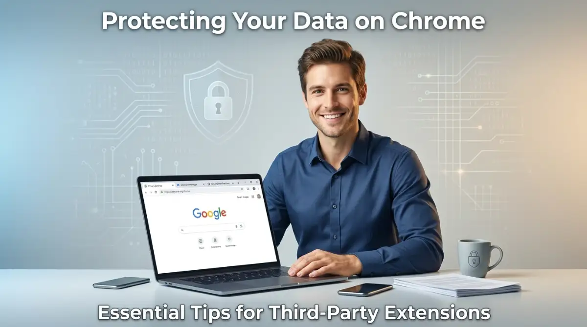 A person securely using browser extensions while keeping personal data safe on Chrome.