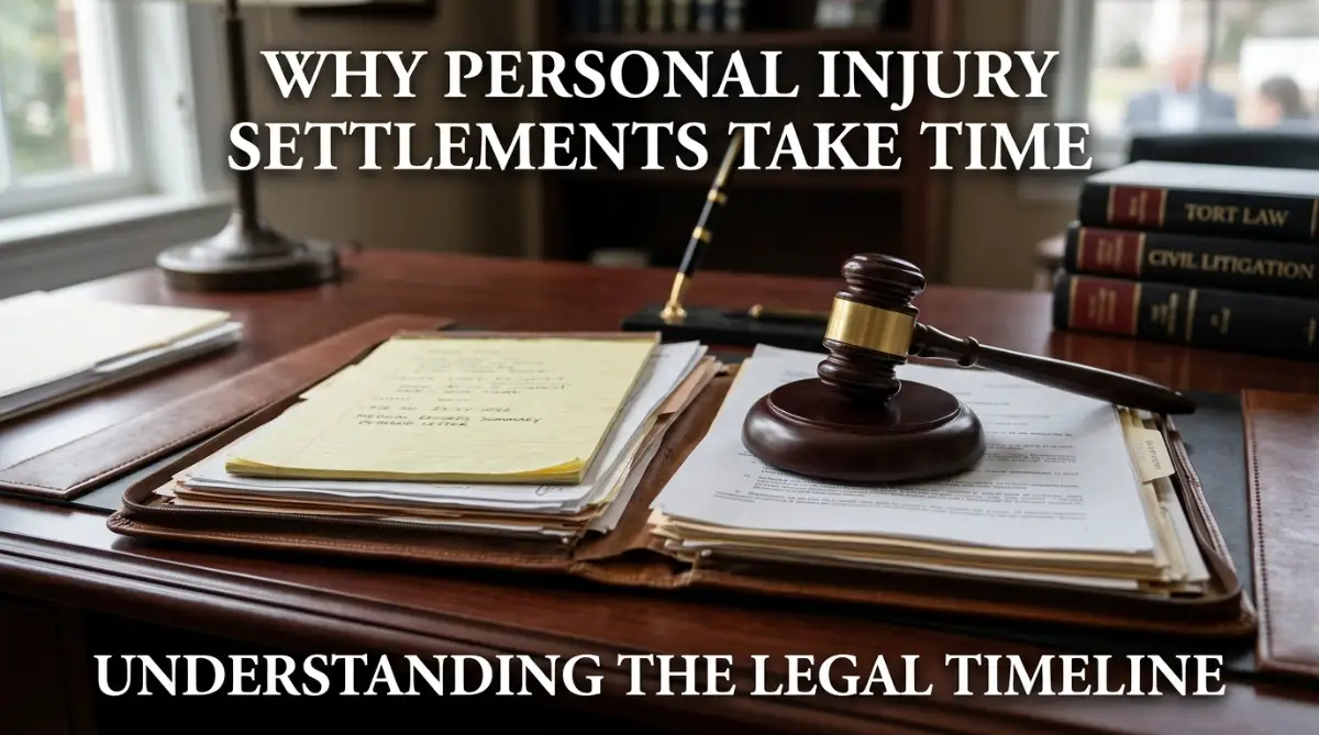 A professional desk setup representing the legal process of settling a personal injury claim.
