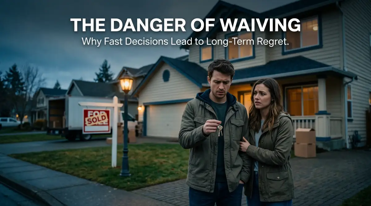 A couple looking worried in front of a house, highlighting the risks of waiving a home inspection.