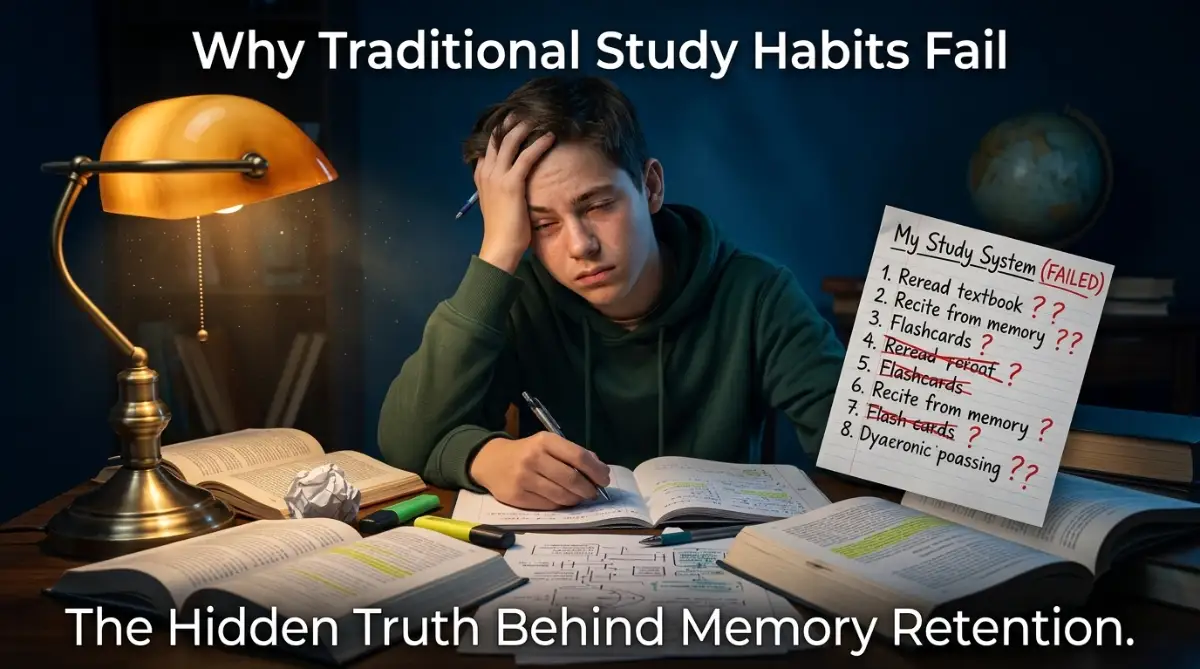 A student struggling with ineffective traditional study methods while trying to learn complex subjects.