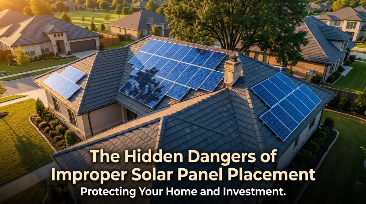 A professional visual guide showing the correct and incorrect ways to install solar panels on a residential roof to avoid damage.