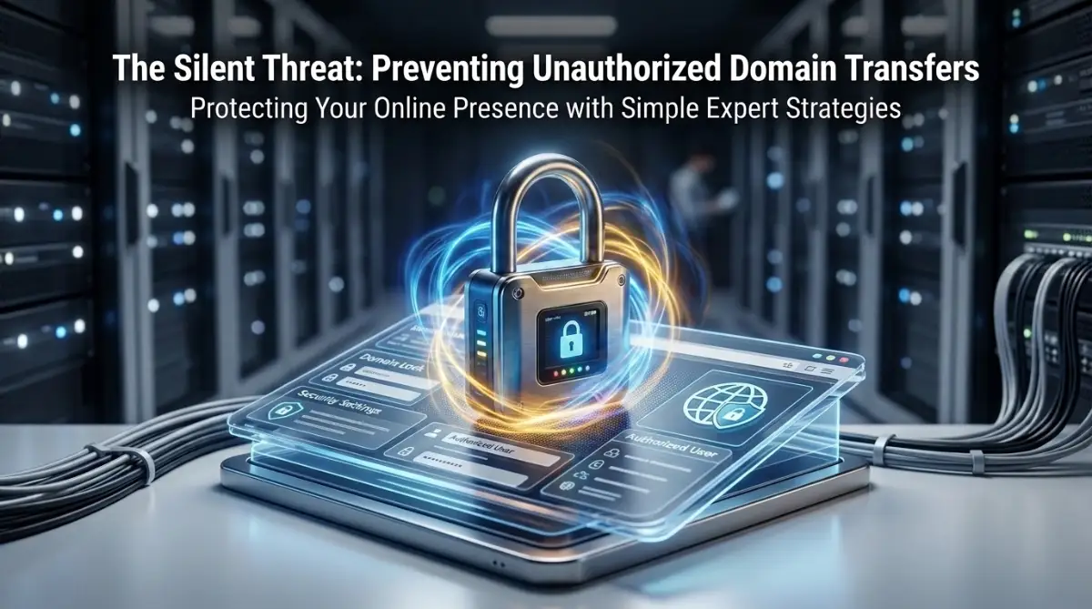A conceptual image showing a digital padlock representing the protection of website domain registration.