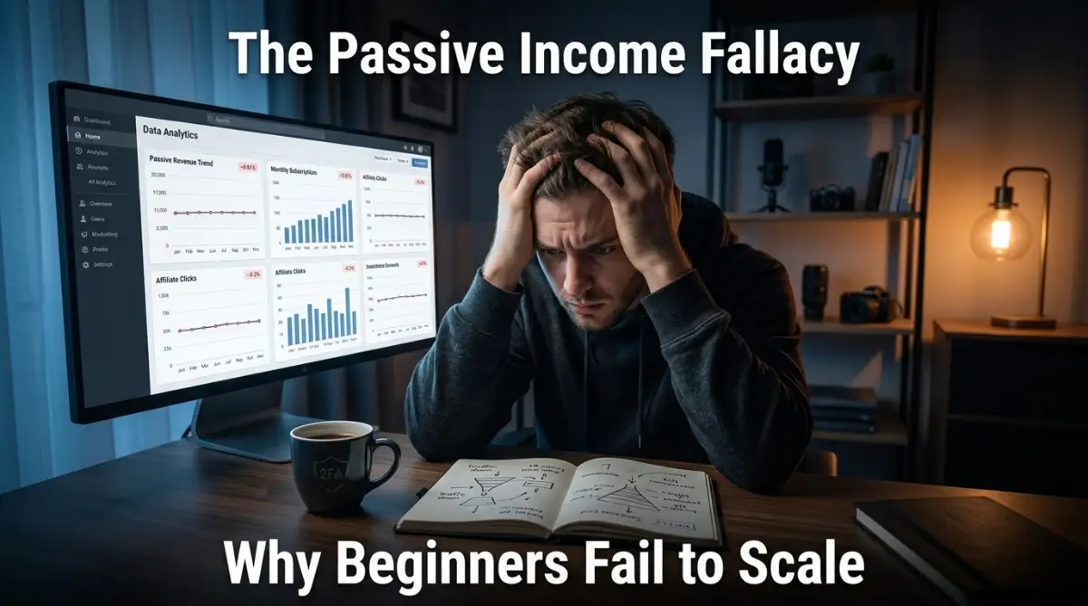 A person looking at a laptop screen in a home office, representing the struggle of earning passive income online.