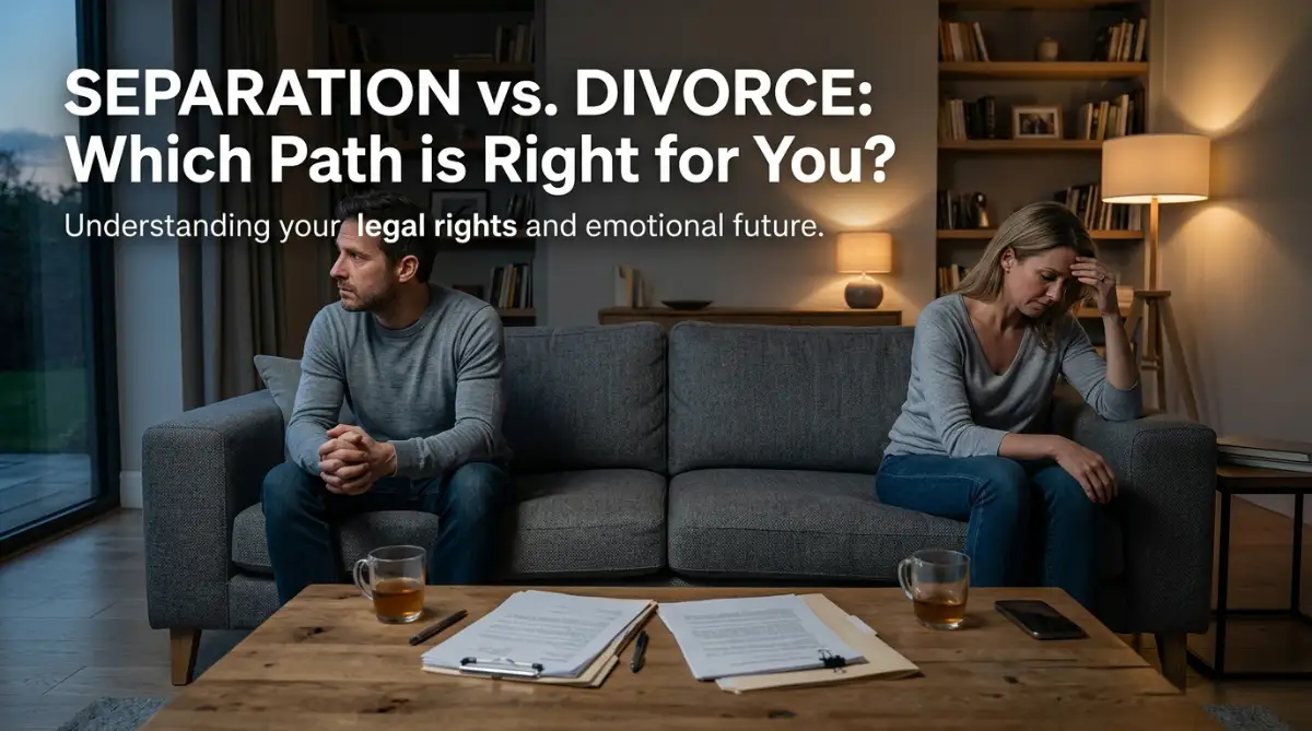A couple deciding between legal separation and divorce, seeking clarity on their future.