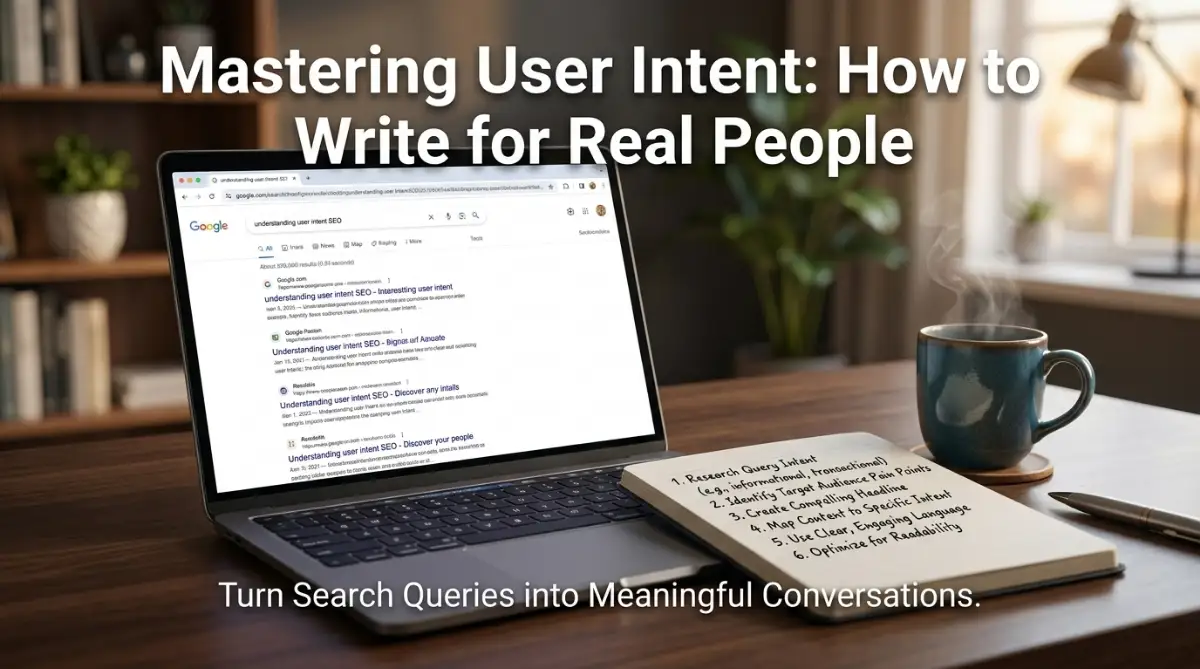 A professional desk setup representing the strategy of writing content that aligns perfectly with what readers need to find online.