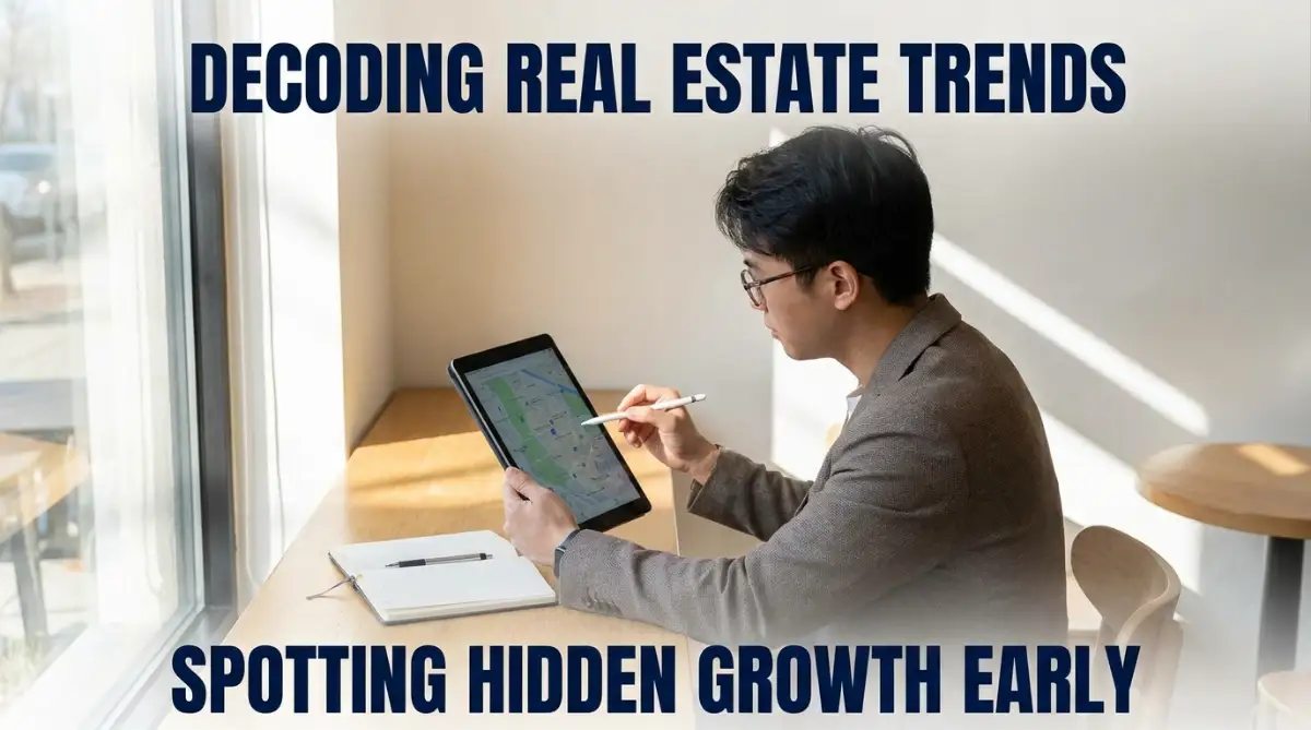 A person analyzing a local property map on a tablet to identify emerging real estate market trends.