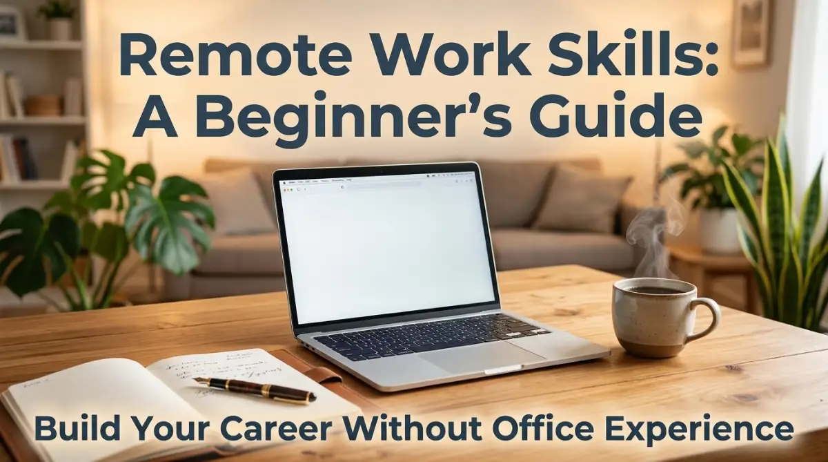 A person working from a home office with a laptop, representing a beginner learning remote work skills.