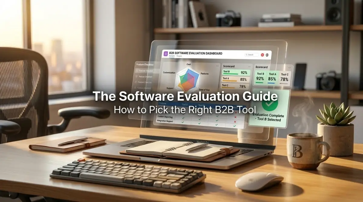 A professional laptop setup with a dashboard, representing the software evaluation process.