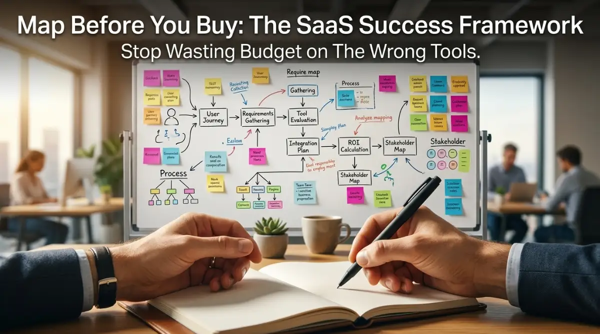 A professional visual guide showing a business process map on a whiteboard to help companies avoid bad SaaS purchases.