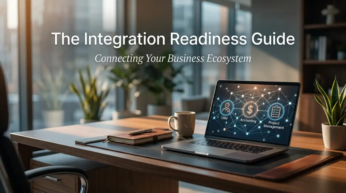 A professional office desk setup showing digital integration symbols hovering above a laptop screen, representing the connection between CRM, accounting, and project management software.