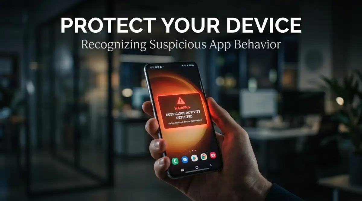 A close-up shot of a smartphone showing a security warning screen in a dark, professional workspace, representing Android device protection and app monitoring.